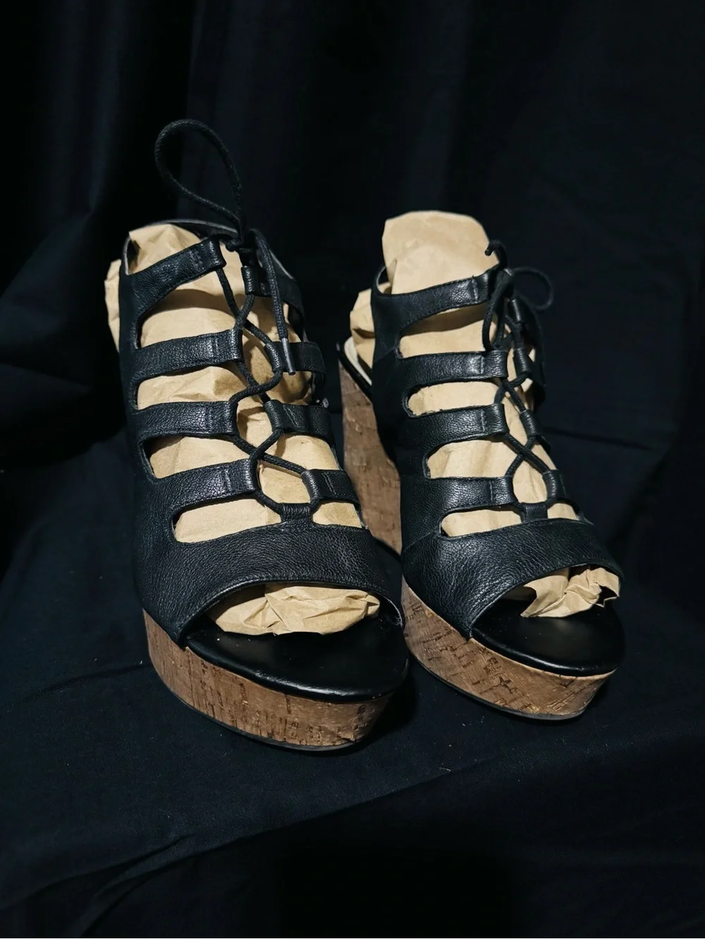 Franco Sarto black leather Cage lace-up Cork Wedge Sandals - Women
